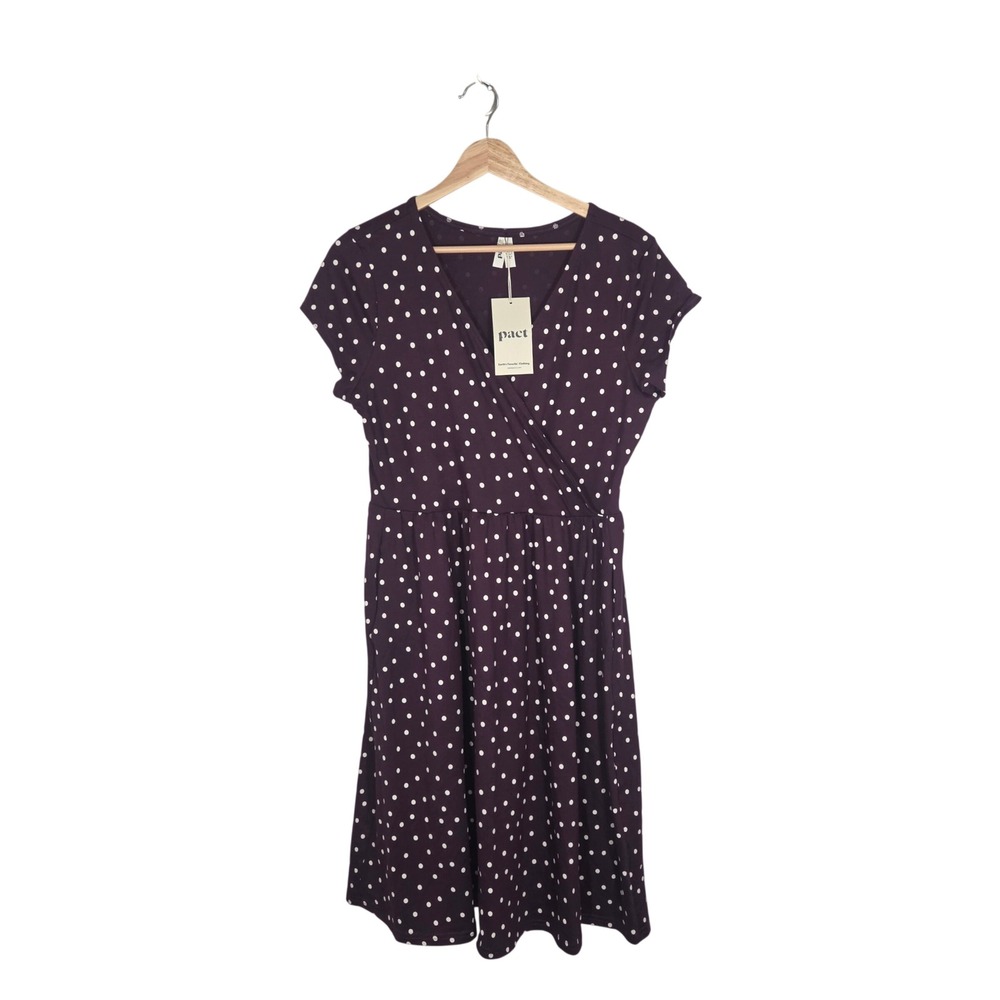 Pact Organic Cotton Polka Dot Dress L NWT Plum Faux Wrap Fit Flare Pockets - Picture 2 of 9